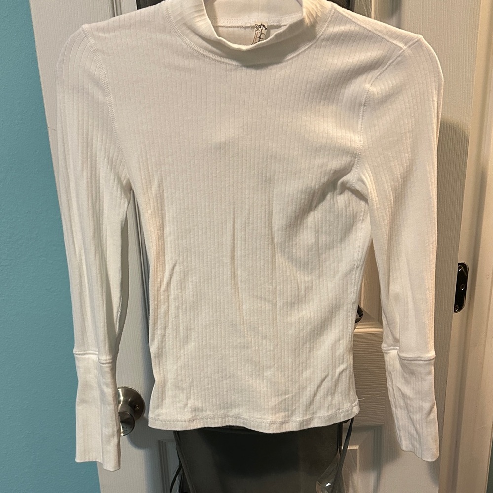 Free People Cream Ribbed Long Sleeve Top